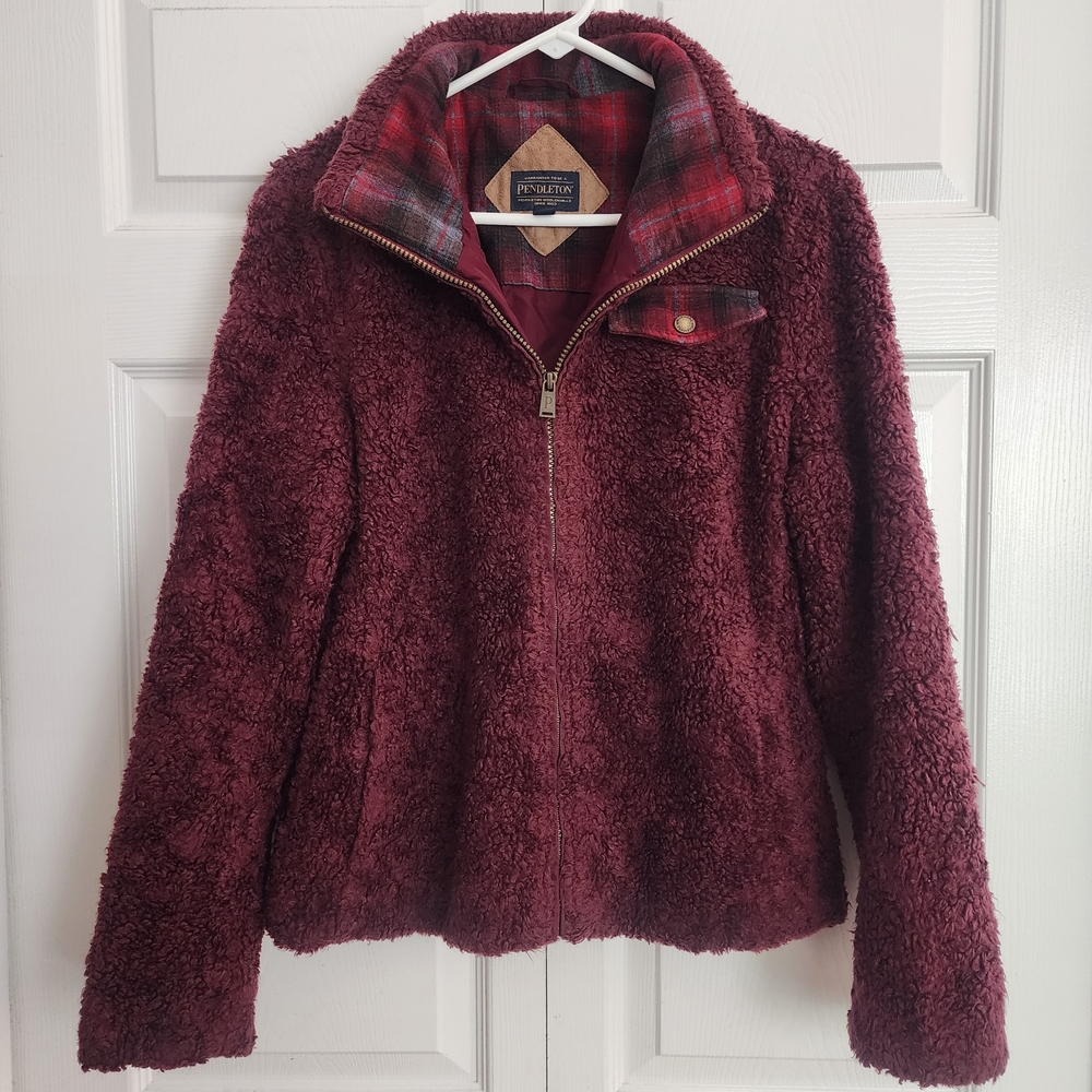 Pendleton Burgundy Sherpa Wool Blend Zip Up Jacket Preppy Academia, Womens M